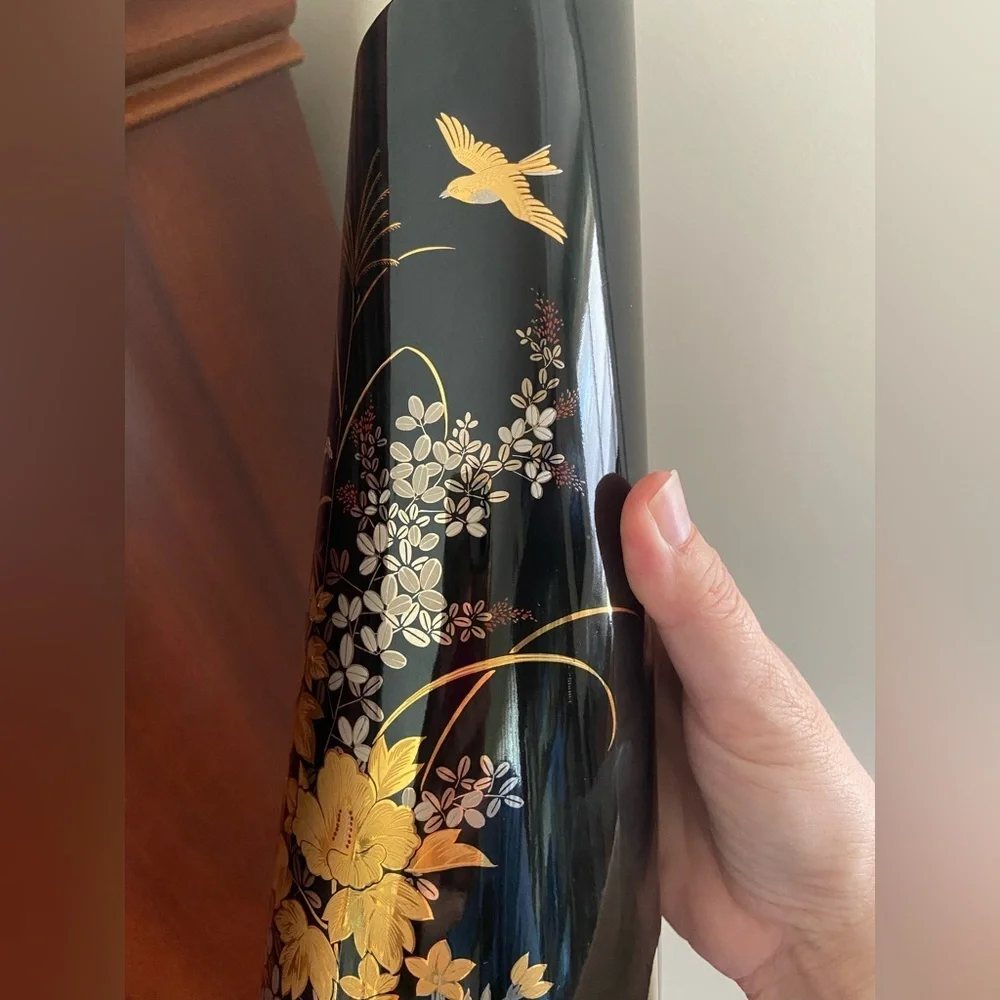 JAPAN TALL YAMAJI Wrap Black PORCELAIN VASE - Gold FLORAL & BIRD DESIGN